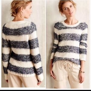 Anthropologie Tabitha Eyelash Fringe Knit Navy/Cream Sweater Size Small